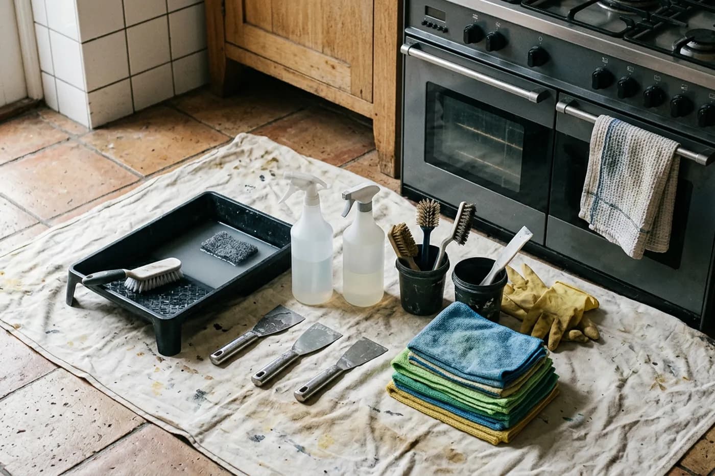 A cleaning caddy, degreaser bottles, hand tools and a soaking tray set out on a dust sheet in a domestic kitchen