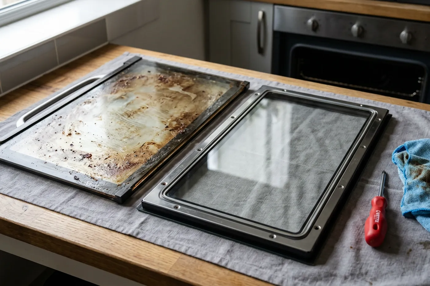 An oven door taken apart on a worktop with the greasy outer glass beside the cleaned inner panel