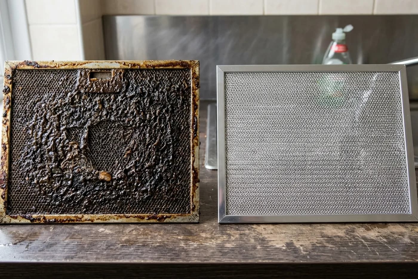 A greasy metal mesh extractor filter held beside a clean one, showing the difference after soaking