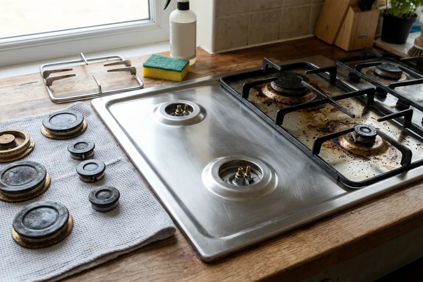 A gas hob surface with its burner caps and crowns lifted off and lined up beside it, part way through being degreased