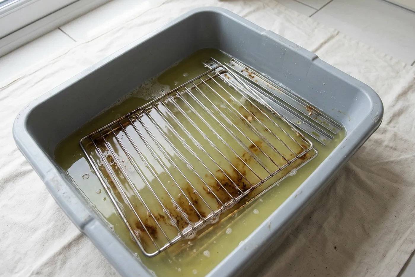 An oven shelf soaking in a tub of hot degreaser on a protective sheet, with brown grease lifting off it