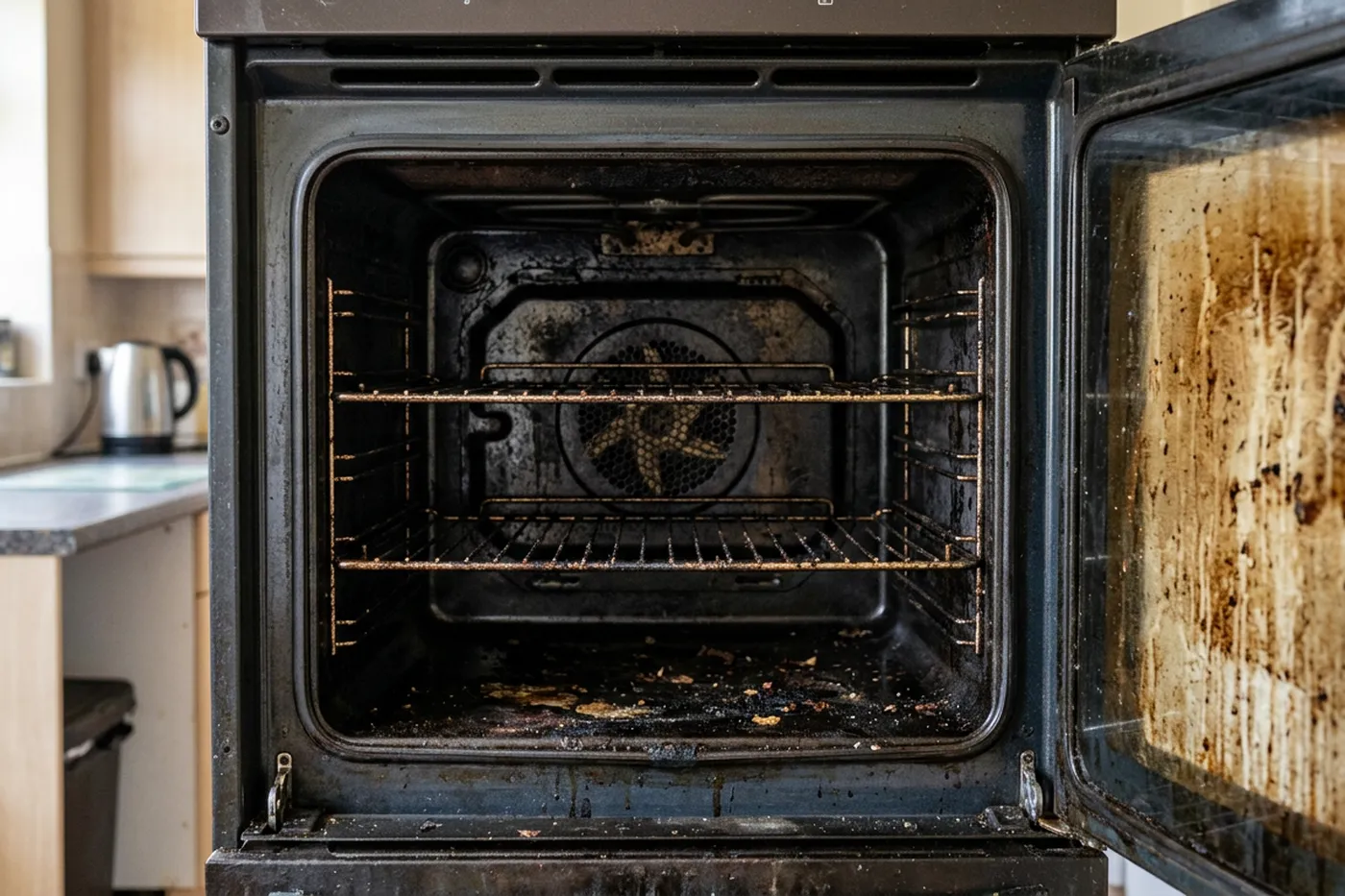 A domestic oven with the door open showing heavily baked on carbon on the cabinet walls and browned door glass