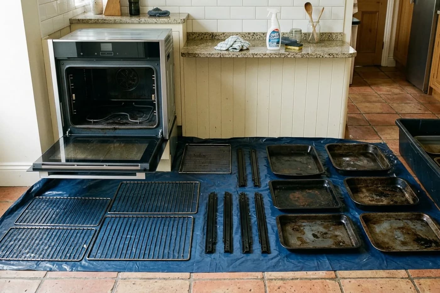 Oven racks, shelf runners and baking trays laid out on a protective sheet beside a soaking tray in a kitchen