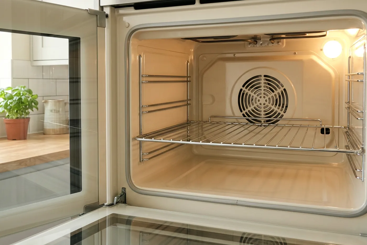 The inside of a domestic fan oven after cleaning, with clean enamel walls and a bare metal rack