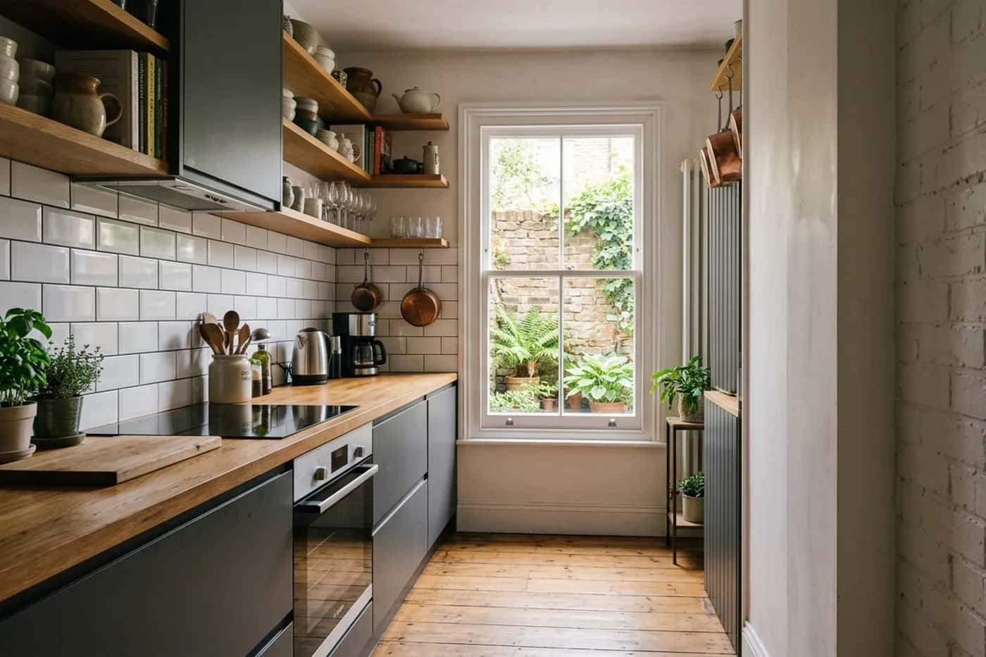 A narrow galley kitchen in a Victorian terrace with a freestanding cooker set into a chimney recess