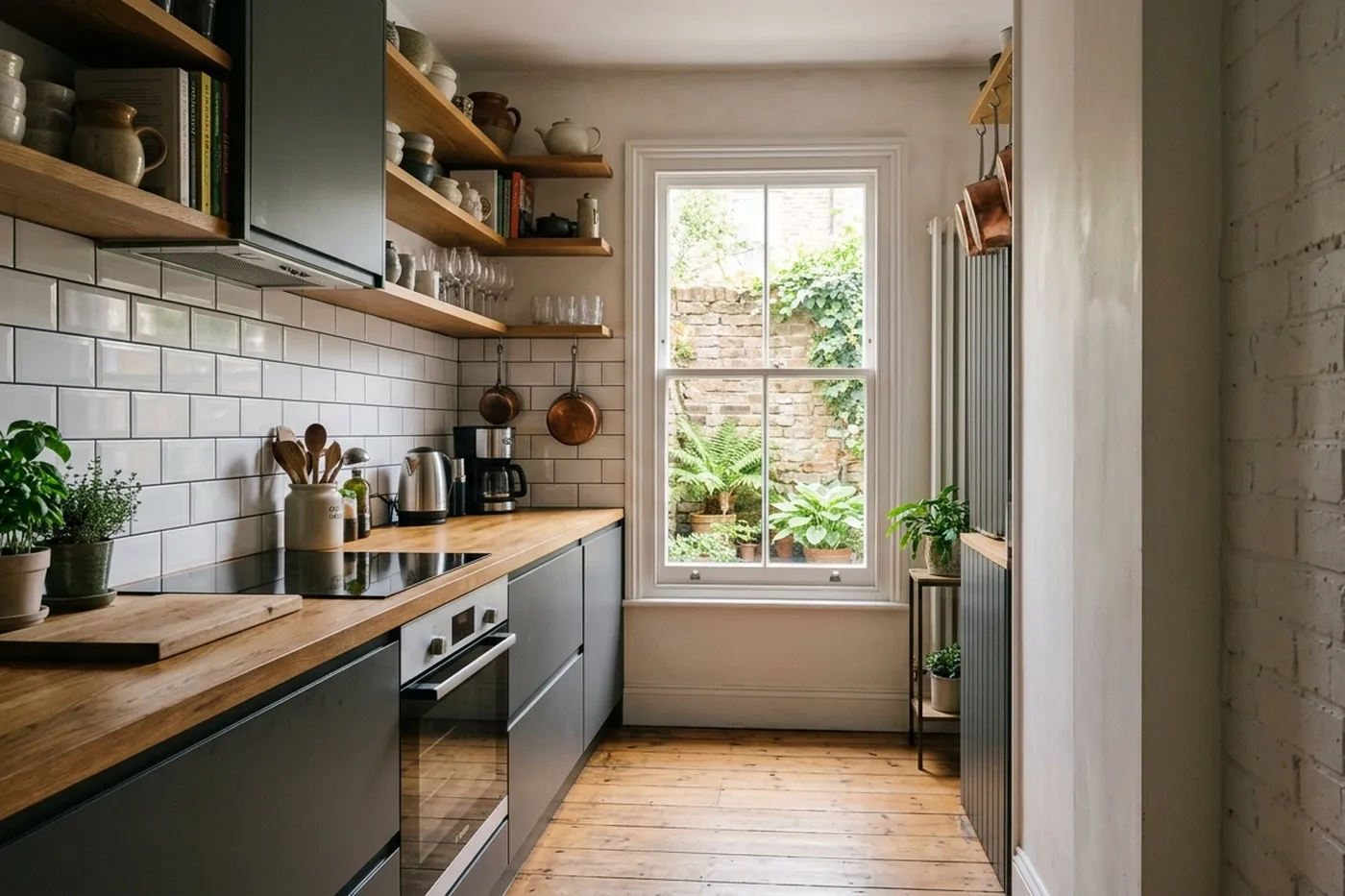 A narrow galley kitchen in a Victorian terrace with a freestanding cooker set into a chimney recess