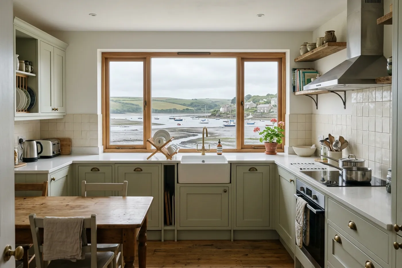 A bright coastal kitchen with a stainless extractor hood and a window looking out towards an estuary