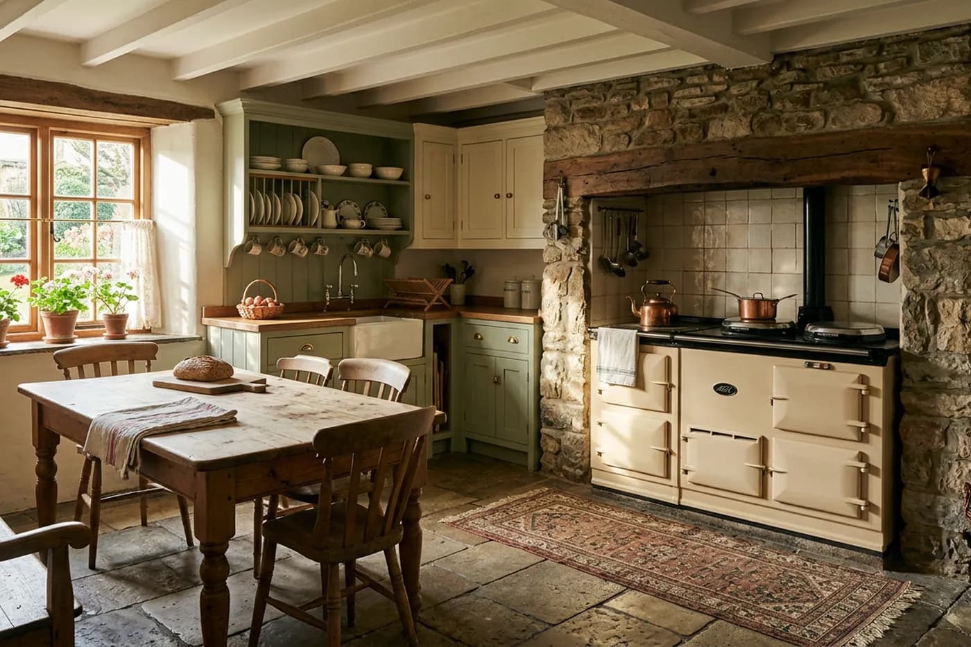 A farmhouse kitchen in a Devon market town with a wide cream range cooker and a scrubbed wooden table
