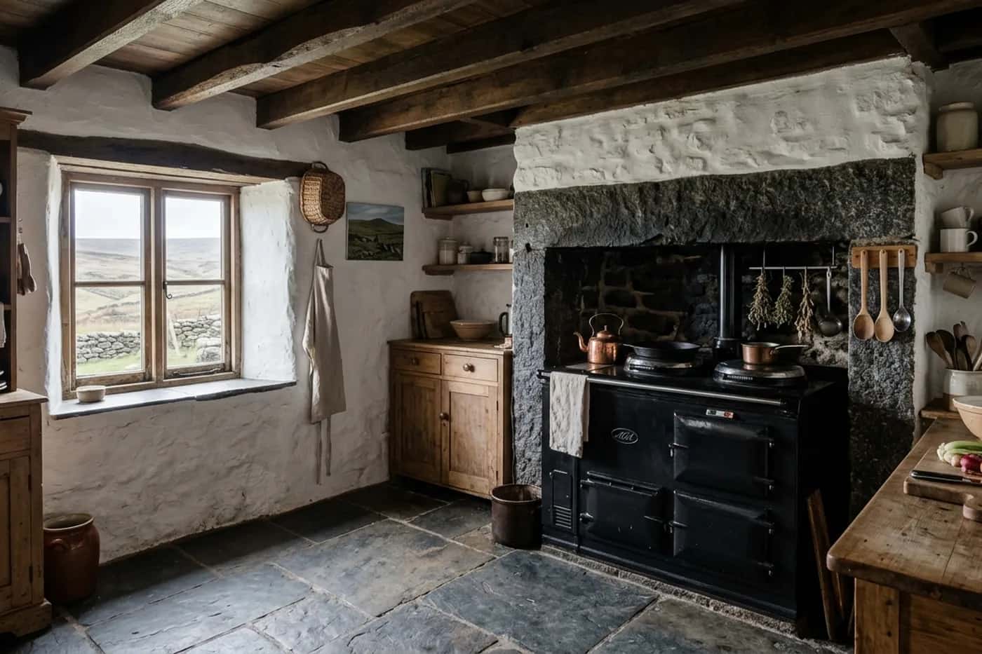 A low beamed cottage kitchen on the edge of the moor with a cast iron range and a slate floor