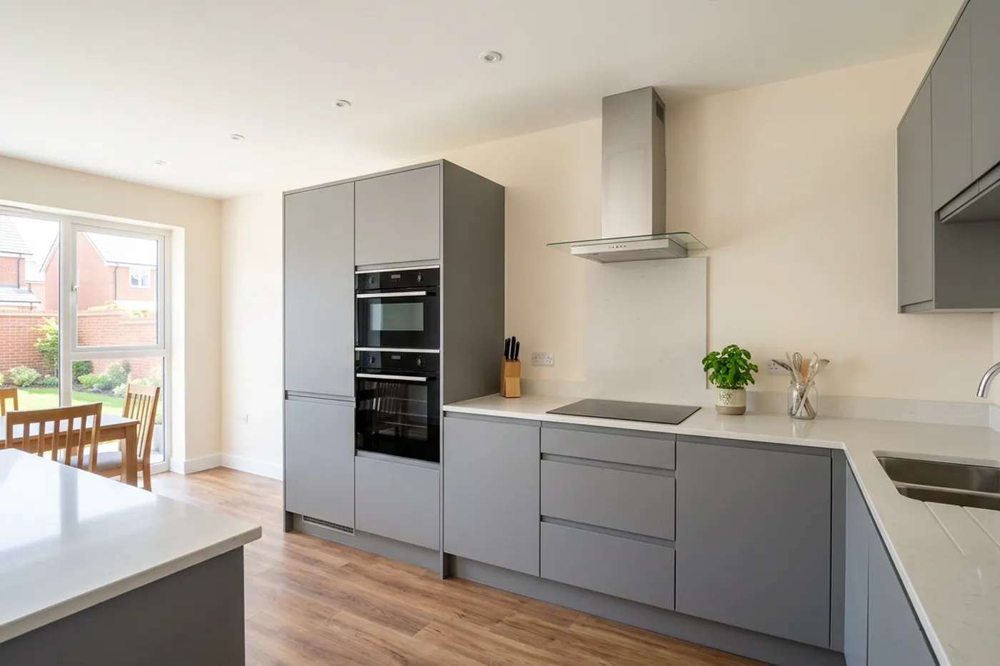 A modern new build estate kitchen with an eye level double oven and an induction hob in a pale worktop