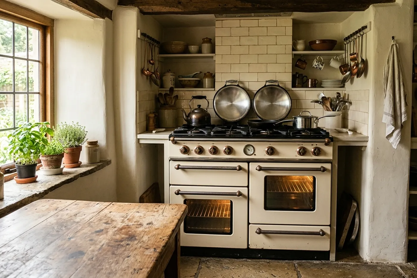 A wide cream enamel range cooker with chrome lids and cast iron pan supports in a farmhouse kitchen