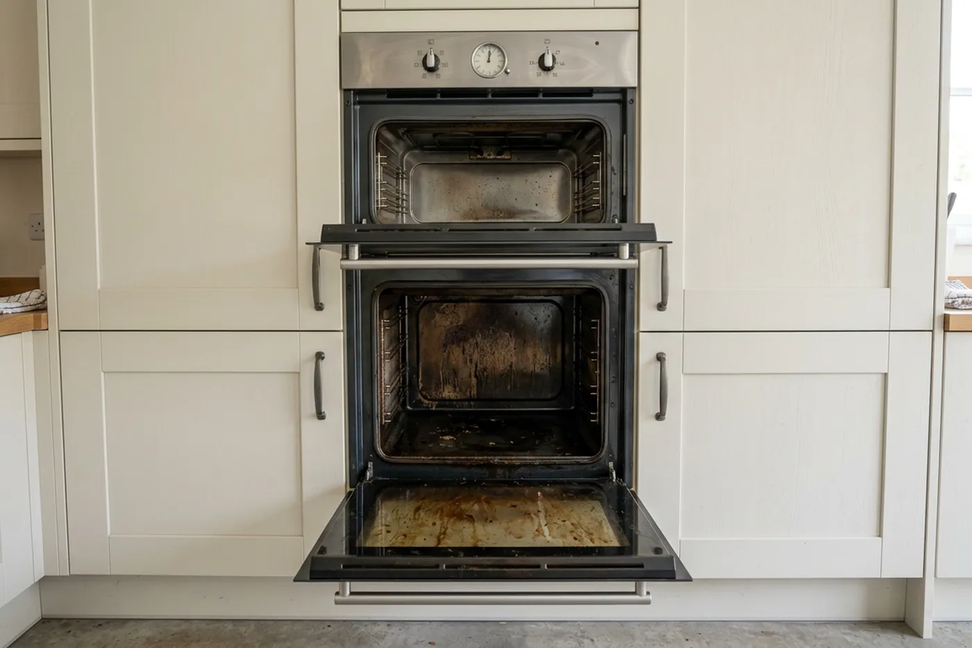 A built in double oven in a domestic kitchen with the doors open and the racks removed