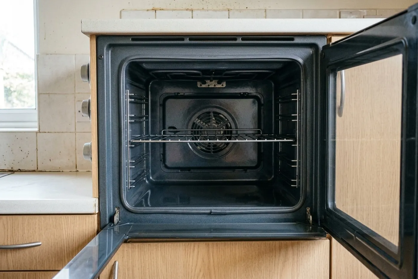 The same oven from the same position after cleaning, with bare enamel walls, a bright wire shelf and clear door glass