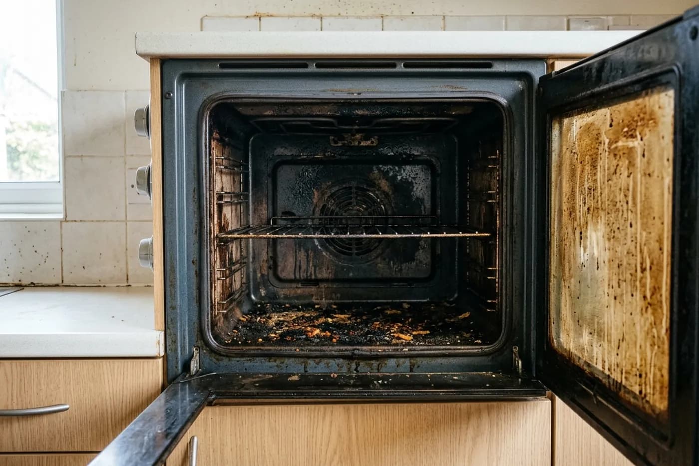 A domestic oven with the door open, the cabinet walls and roof covered in thick baked on carbon and the inside of the door glass browned